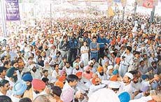 Congress workers gather at Malout to attend the Garib Kisan Mahapanchayat rally on Tuesday.