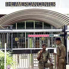 Security personnel guarding the American Center in New Delhi on Wednesday.