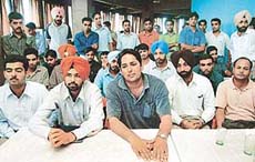 From left: Deepak Balyan (ABVP), Malwinder S. Singh (PUSU), Bhupinder Singh Bhuppi (PUCSC), Gagandeep S. Virk (AISSF) and Surat Negi (ABVP) address a joint press conference at Panjab University on Thursday.  