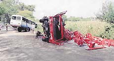 A scene of the bus-truck collision which took place near Nanakpur village of Kalka subdivision.