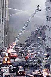 Rescue workers and vehicles are deployed near the site of the World Trade Center in New York on Wednesday.