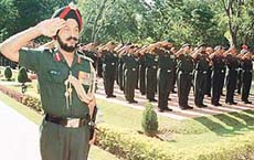 Lieut-Gen Surjit Singh, PVSM, VSM, GOC-in-C, Western Command, takes the salute at the 54th Raising Day of the Western Command in Chandi Mandir on Saturday. 