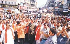 Shiv Sena activists protest against the terrorist attacks on the USA, in Ludhiana on Sunday.
