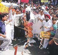 The activists of Indian Youth Congress (Urban Development Cell) took out a massive procession and set afire the effigy of Osama Bin Ladin the prime suspect in Tuesday bombing in USA at Ludhiana on Sunday.