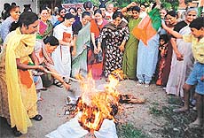 Activists of the BJP Mahila Morcha burn an effigy of terrorism in Sector 15, Chandigarh, on Tuesday.
