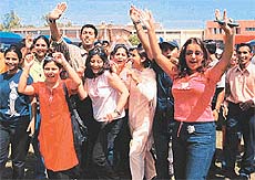 Students in a jubilant mood at the IT festival Lakshaya-2001 which was inaugurated at DAV College, Sector 10, in Chandigarh Tuesday.