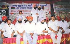 Mr Malkiat Singh Dakha, former Punjab Minister, the PPCC Disciplinary Committee member, Mr Nahar Singh Gill, and the Chairman of the Urban Development Cell of the IYC, Mr Pawan Diwan, at a party workers meeting in Ludhiana on Tuesday.