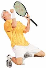 ustralia's Lleyton Hewitt reacts after defeating Sweden's Jonas Bjorkman