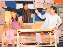 Shatrughan Sinha, Bhavana Balsaver and Rakesh Bedi in a play Pati Patni Aur Mein