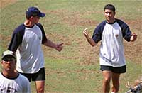 Indian team physio Andrew Leipus having a chat with Sachin Tendulkar