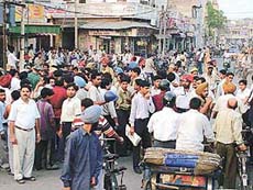 A scene of the traffic jam near Kailash Cinema in Ludhiana on Monday.