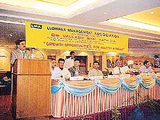 Dr Vallabh Bhai Kathiria, Minister of State for Heavy Industries and Public Enterprise, addresses industrialists at a seminar held in Ludhiana on Monday.