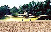 A crop dusting airplane sprays pecticide in Arkansas in this undated file photograph. 