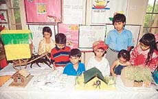 Students of Woodlands House School, Sector 8, Panchkula, with their items at annual crafts exhibition on Saturday. 