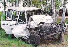 The mangled remains of the Tata Sumo that was involved in a head-on collision with a tanker at Shambu 
