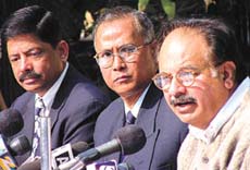(From left) Pankaj Choudhry of UNESCO, N. C. Ray, Officer of the Delhi State AIDS Control Society, and Dr A. K. Walia, Health Minister, at a press conference on AIDS control in the Capital on Thursday.
