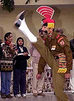 A BSF soldier during the retreat ceremony at the Indo-Pak joint border checkpost at Wagah on Wednesday.