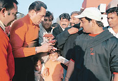 TV star Shekhar Suman gives autographs to his fans at the shooting of Neelam Ghar at Dara Studio, SAS Nagar, on Friday.