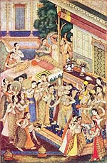 Jahangir playing Holi in his pleasure garden. A Mughal School of Painting.