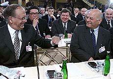 India's National Security Adviser Brajesh Mishra share a laugh with Pakistan's Foreign Minister Abdul Sattar