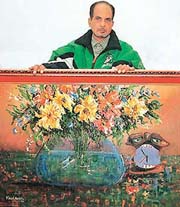 Vinod Mehta with his latest creation in Chandigarh on Tuesday. 