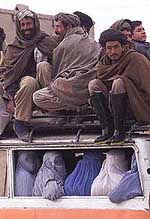 Afghan men sit on top of a public vehicle while women sit inside