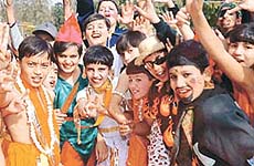 Children of St Johns High School, Sector 26, participate in a cultural programme on the school premises in Chandigarh on Tuesday.