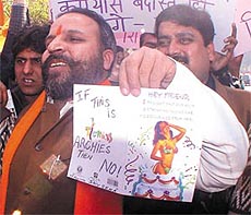 Loves labour lost: Shiv Sena activists demonstrating against the Valentines Day celebrations on Wednesday.