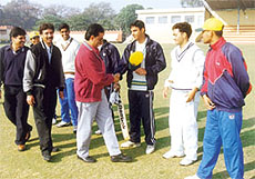 Players being introduced to former Test cricketer Surinder Khanna before the opening match of the Davinder Singh Memorial Cricket Tournament at the Harbaksh Singh stadium in the Capital.