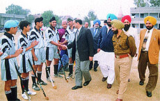Dr Vivek Gogia, DCP, being introduced to the players of the Maharaja Ranjit Singh Hockey Tournament.