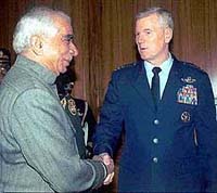 General Richard B. Myers, Chairman of the Joint Chiefs of Staff of the USA, with External Affairs Minister Jaswant Singh 
