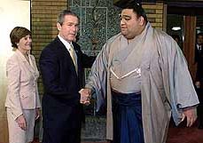 US President George W. Bush meets US-born sumo wrestler Musashimaru 