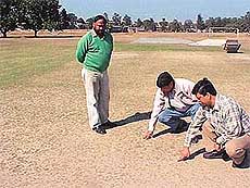 Office-bearers of the Ludhiana District Cricket Association inspect the pitch on the Punjab Agricultural Univeristy grounds, venue of the Deodhar Trophy match between the North Zone and the East Zone, in Ludhiana on Tuesday.