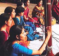 Winners of the PU Inter-Zonal Youth Festival in the bhajan shabad category, students from GCG-42, Chandigarh, perform at Tagore Theatre on Wednesday.