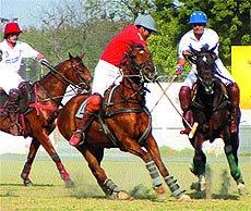 Jindal Steel/Royal Kashmir in white and Army in red attack the ball during the Chivas Regal Polo Championship at Jaipur Polo Grounds in New Delhi on Thursday.