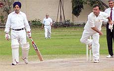 Union Law Minister Arun Jaitley of Legal team in action against the Judges team during a cricket match in the Capital on Saturday. 