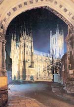 View of Canterbury Cathedral by floodlight.