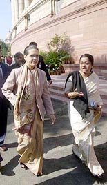 Congress President Sonia Gandhi arrives to attend the opening day of the Budget session