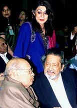 Nobel laureate writer V.S. Naipaul has a word with former Prime Minister P.V. Narasimha Rao while Mrs Nadira Naipaul looks on during the Jnanpith Award presentation function in New Delhi on Sunday.