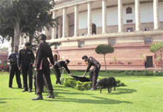 Security personnel sanitise the Parliament complex on the opening day of the Budget session.