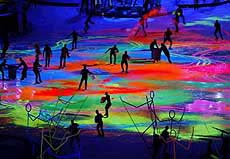 Fluorescent paint is spilled onto the ice