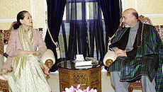 Afghan interim head Hamid Karzai with Congress President Sonia Gandhi