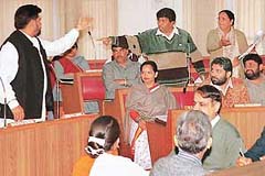 Councillors argue during the Municipal Corporation Budget session