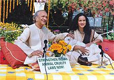 Sitar maestro Pandit Ravi Shankar and his daughter Anoushka Shankar, at the shooting of a film endorsing the strengthening of Indian laws against animal cruelty in the Capital. 