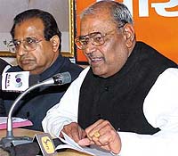 The President of Delhi unit of the BJP Manga Ram Garg (right) with the Leader of Opposition in the Assembly Jagdish Mukhi at the press conference in the Capital on Saturday.