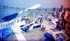 The wreckage of the private helicopter after the crash in which Lok Sabha Speaker G.M.C. Balayogi and two others were killed.