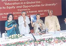 Delhi Chief Minister Sheila Dikshit with the distinguished guests in the conference at Delhi Public School, R. K Puram.