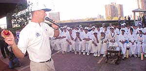 Zimbabwe's leading fast bowler Heath Streak makes a point at the cricket clinic for young hopefuls organised by Sandpiper at the Le Meridien Hotel pool side in the Capital on Tuesday.