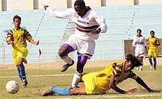 Allwyn-Hindustan (Delhi) in white and Jorba Durga (Orissa) in yellow in action during the Second Division National Football League at Ambedkar Stadium in the Capital on Friday.