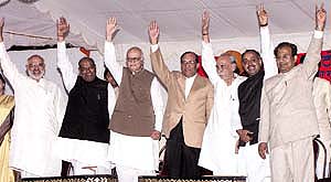 Delhi BJP leaders at the launch of their campaign with Home Minister L. K. Advani on Saturday.